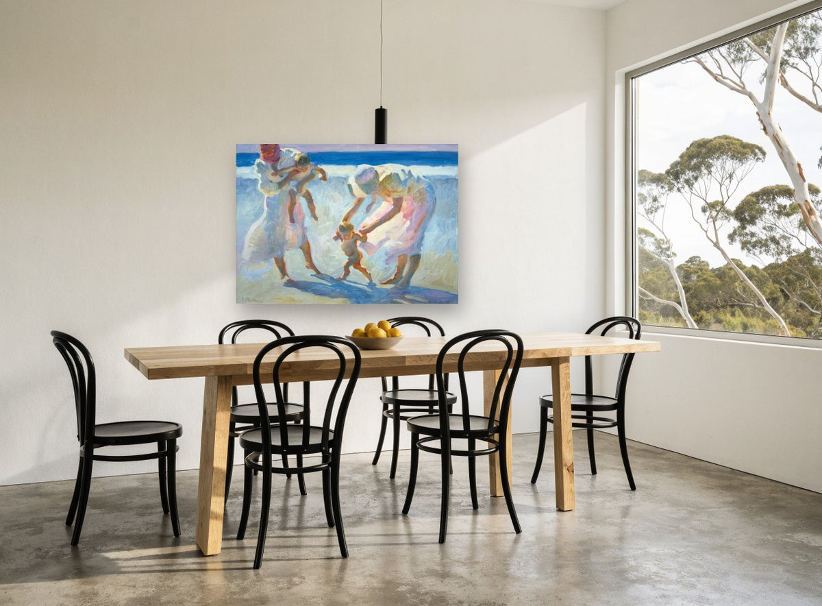 First Steps on the Sand coastal canvas print on the wall of a dining room