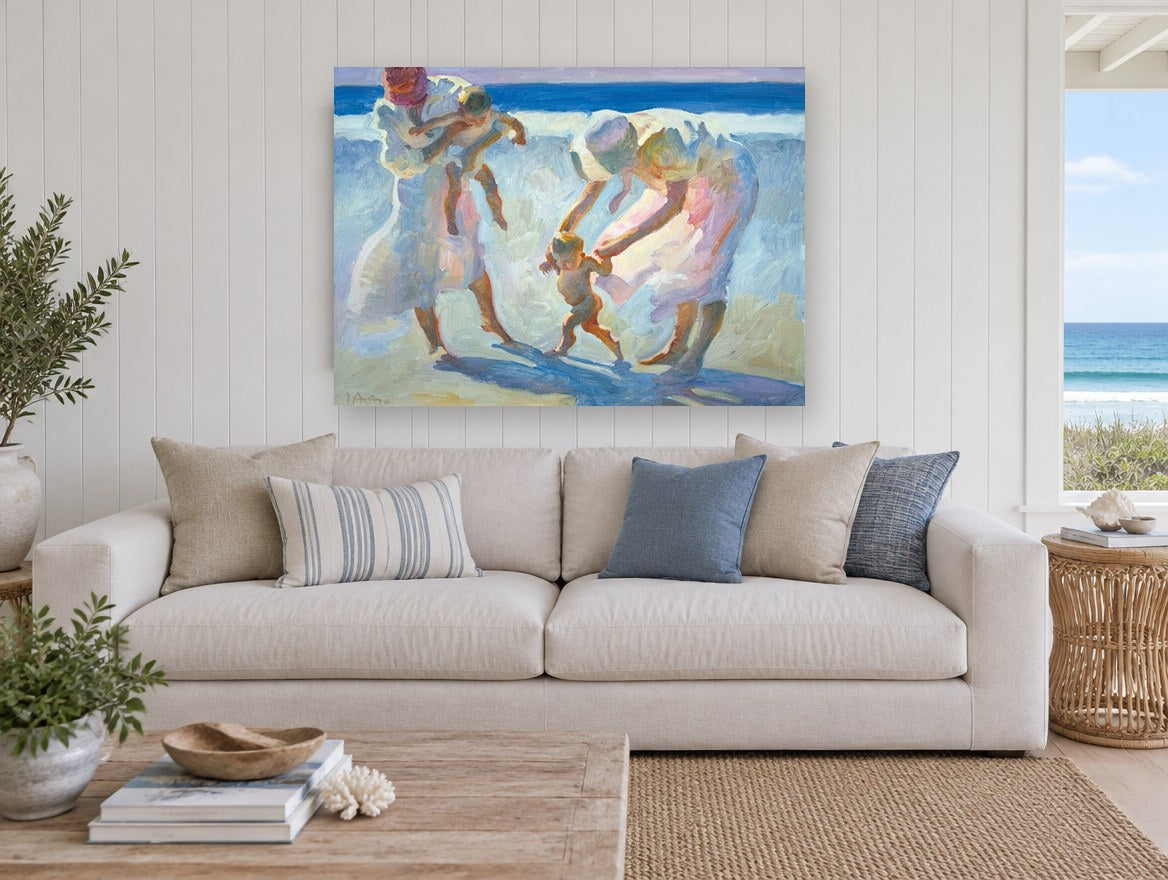 First Steps on the Sand coastal canvas print on the wall of a beach house living room