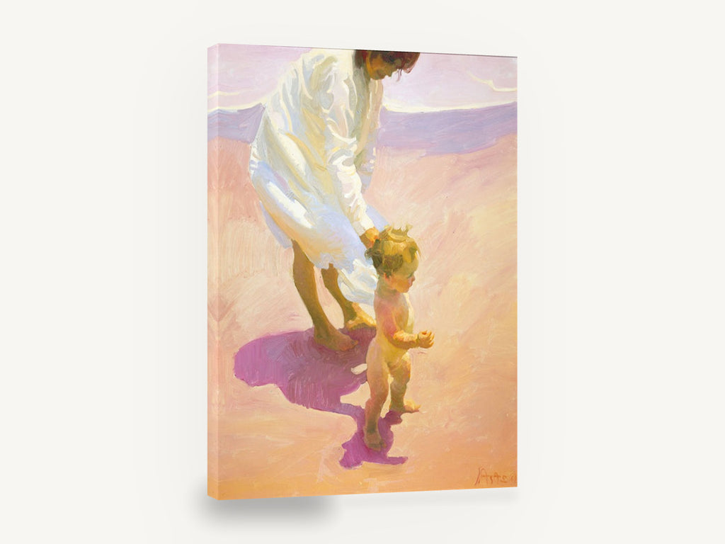 First Steps on Warm Sand, mother and toddler beach walk painting, coastal canvas wall art print ready to hang