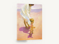First Steps on Warm Sand, mother and toddler beach walk painting, coastal canvas wall art print ready to hang