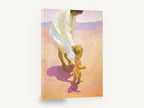 First Steps on Warm Sand, mother and toddler beach walk painting, coastal canvas wall art print ready to hang