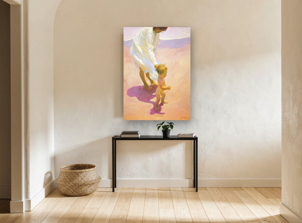 First Steps on Warm Sand coastal canvas print on the wall of a hallway