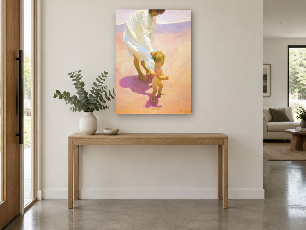 First Steps on Warm Sand coastal canvas print on the wall of a entry hall