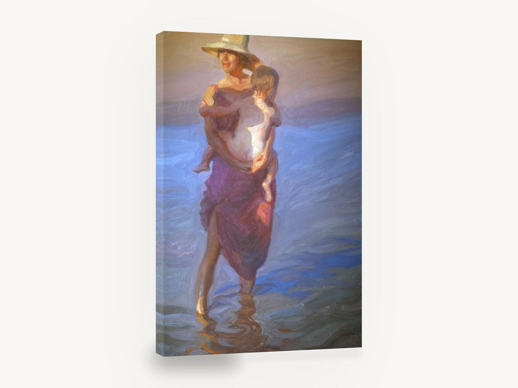 Mother and Child Wading, woman carrying child in shallow water, coastal canvas wall art print ready to hang