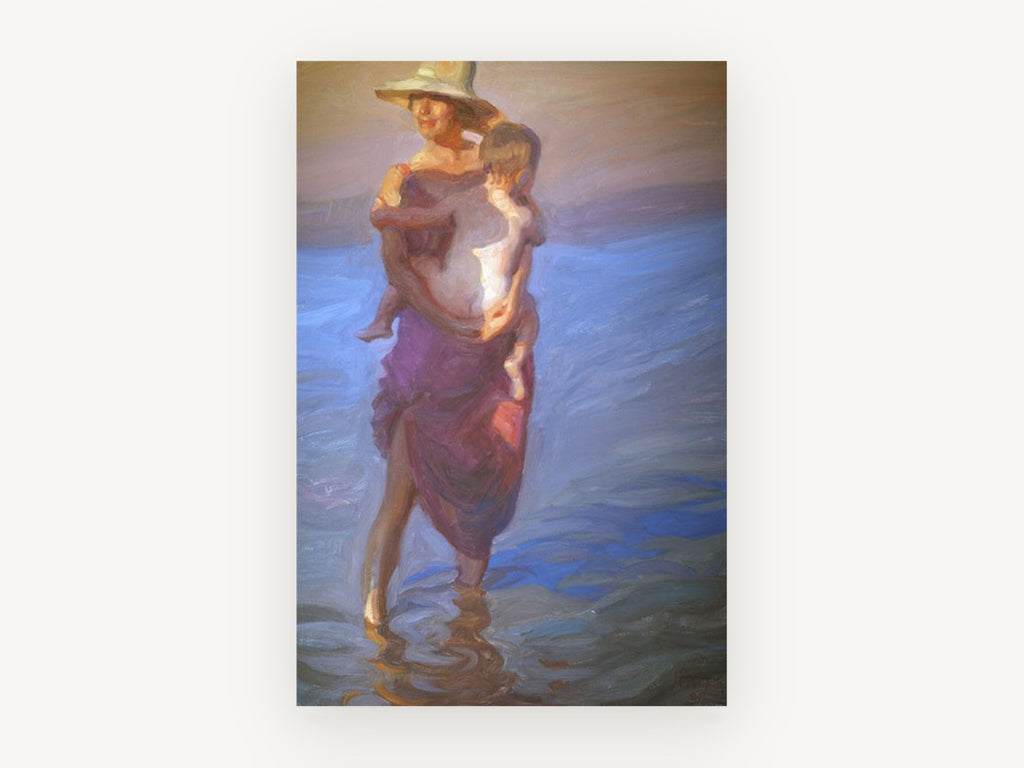 Mother and Child Wading, coastal canvas wall art print, front view