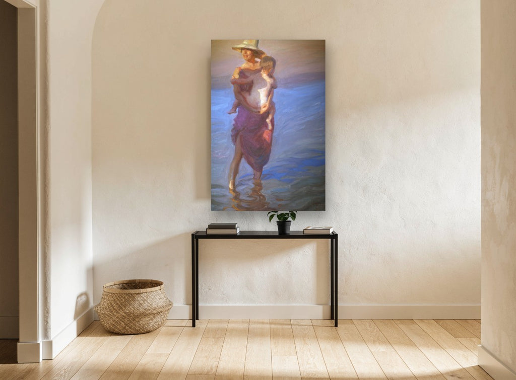Mother and Child Wading coastal canvas print on the wall of a hallway