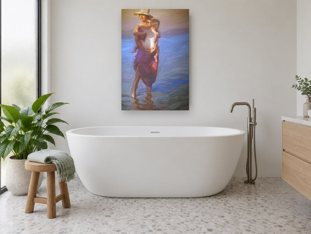Mother and Child Wading coastal canvas print on the wall of a bathroom