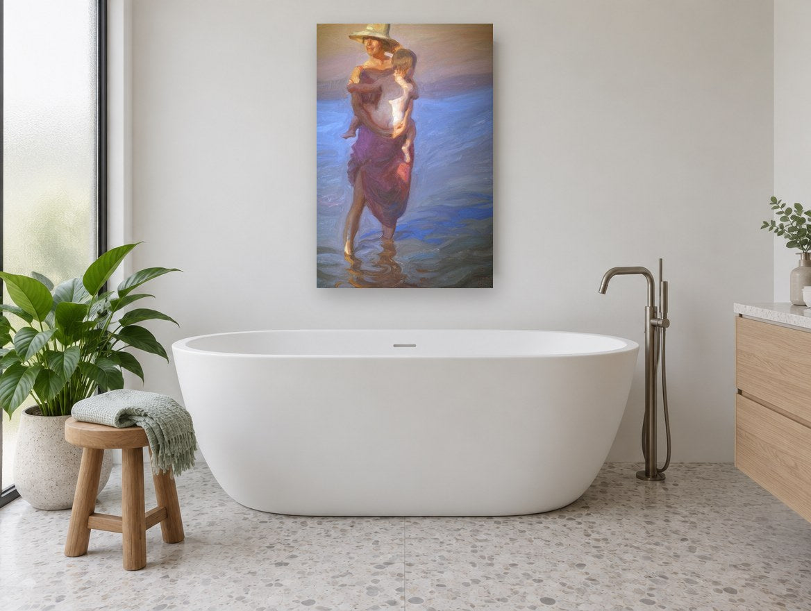 Mother and Child Wading coastal canvas print on the wall of a bathroom