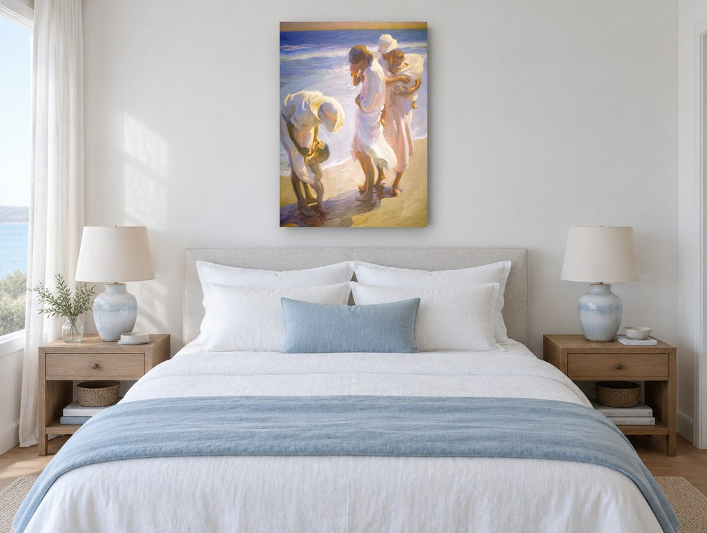 Women at the Water's Edge coastal canvas print on the wall of a coastal bedroom