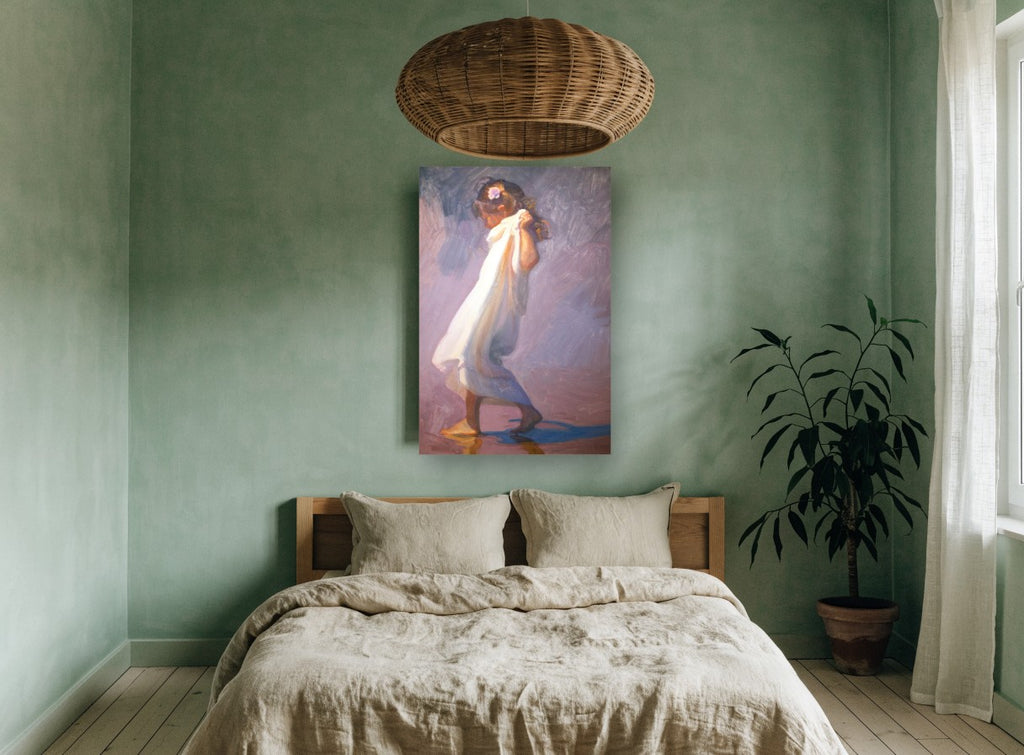 Girl in White Wrap coastal canvas print on the wall of a bedroom