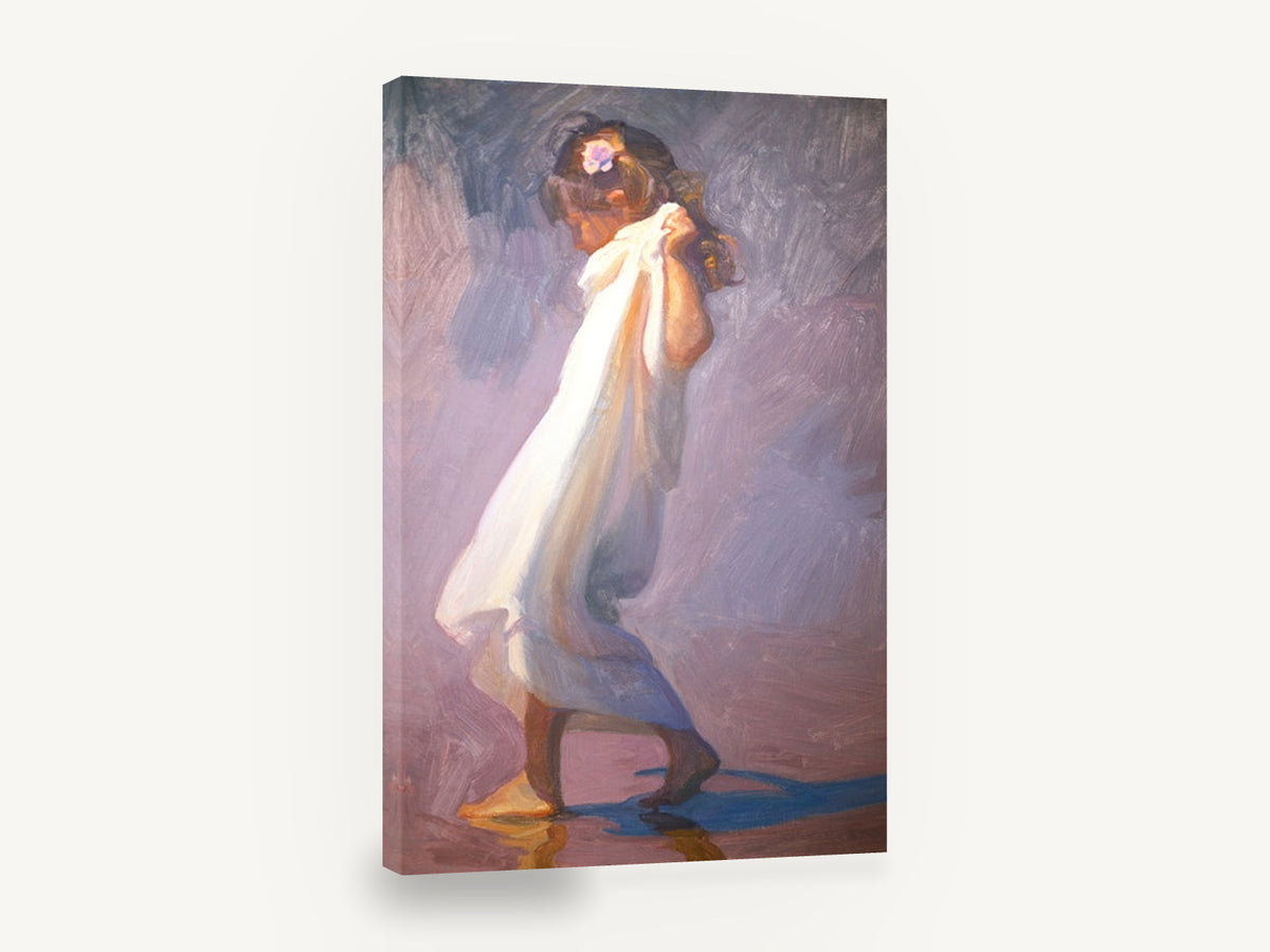 Girl in White Wrap, girl in white wading wet sand painting, coastal canvas wall art print ready to hang