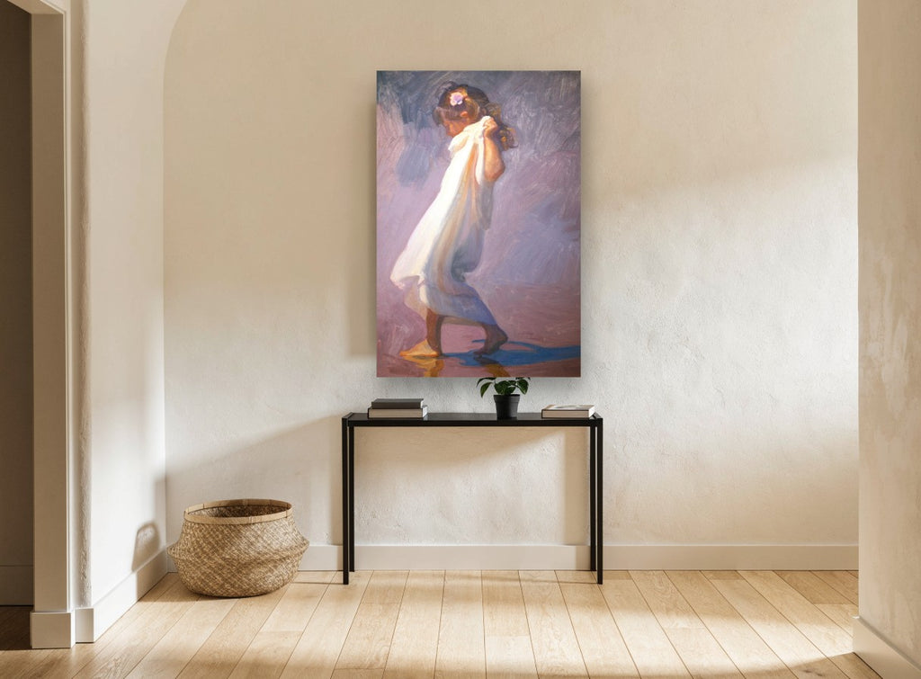 Girl in White Wrap coastal canvas print on the wall of a hallway