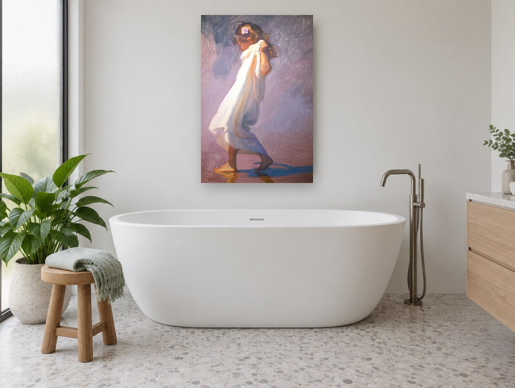 Girl in White Wrap coastal canvas print on the wall of a bathroom