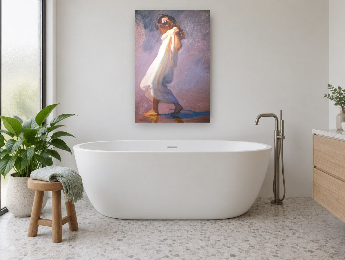 Girl in White Wrap coastal canvas print on the wall of a bathroom