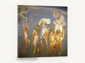 Sunlit Tide Pool Splash, children paddling shallow water painting, coastal canvas wall art print ready to hang