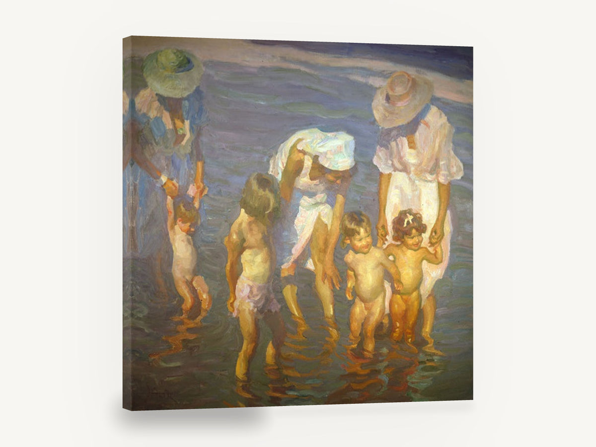 Sunlit Tide Pool Splash, children paddling shallow water painting, coastal canvas wall art print ready to hang