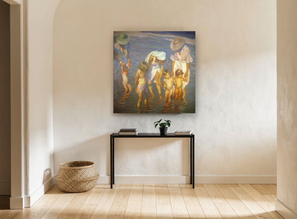 Sunlit Tide Pool Splash coastal canvas print on the wall of a hallway