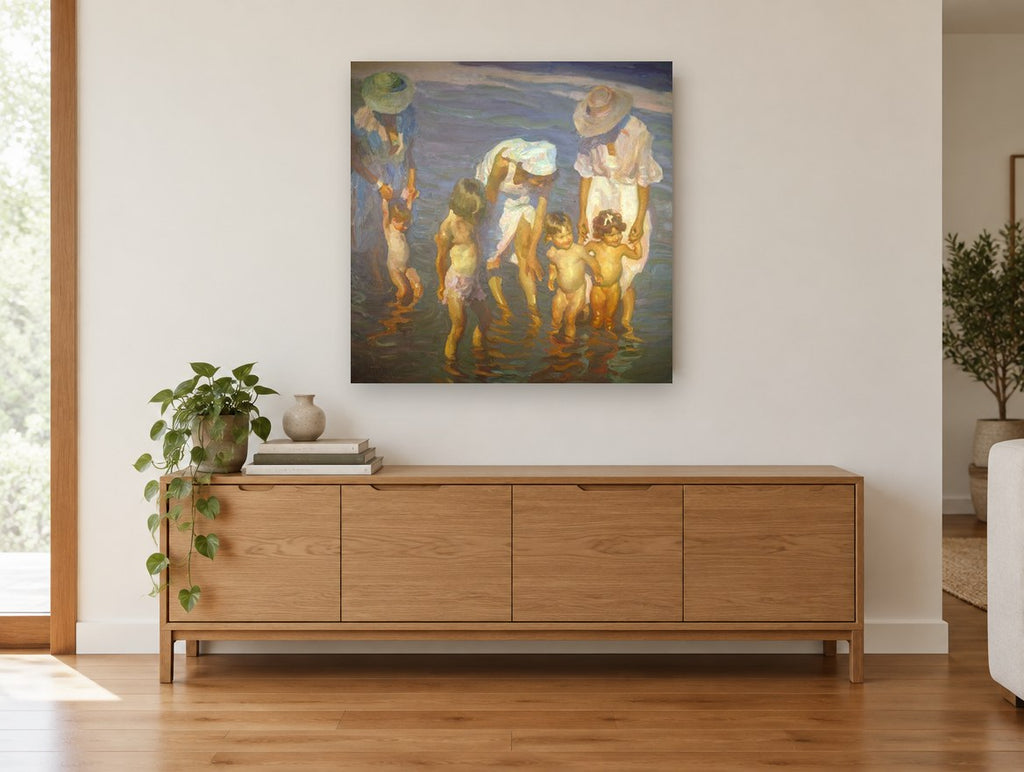Sunlit Tide Pool Splash coastal canvas print on the wall of a living room above a sideboard