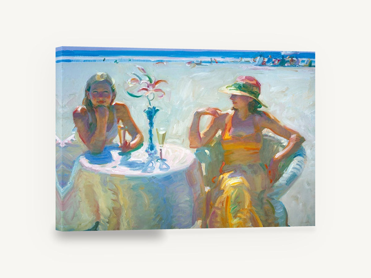 Champagne on the Sand, two women beach table painterly scene, coastal canvas wall art print ready to hang