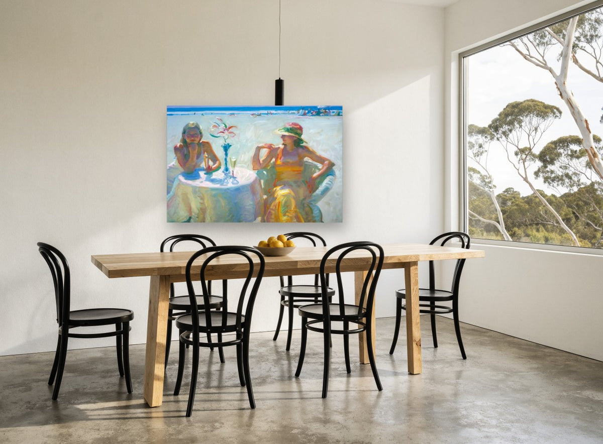 Champagne on the Sand coastal canvas print on the wall of a dining room