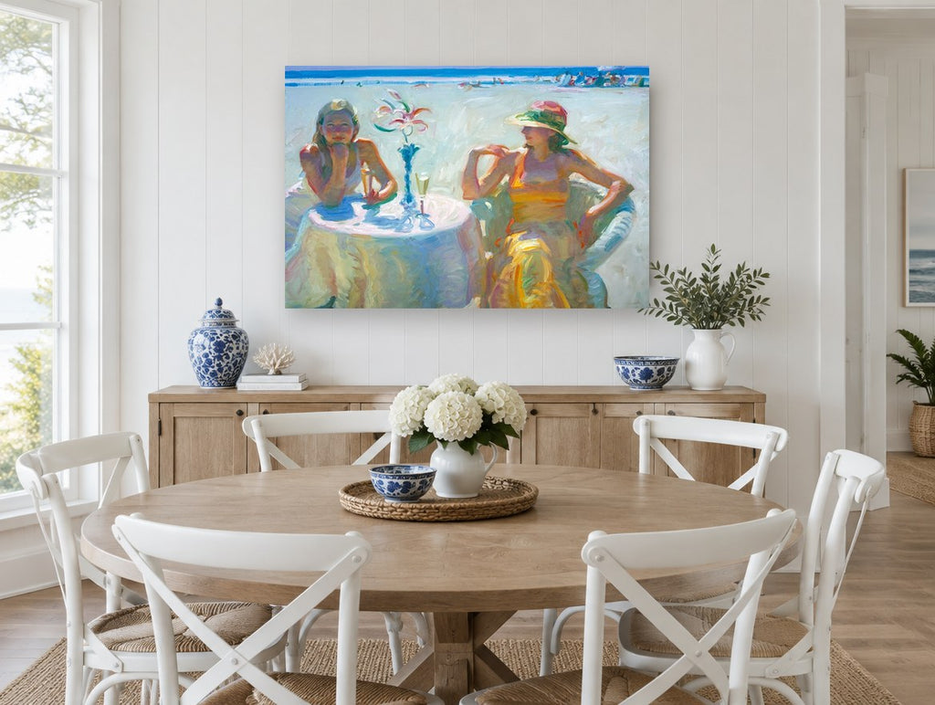 Champagne on the Sand coastal canvas print on the wall of a Hamptons dining room