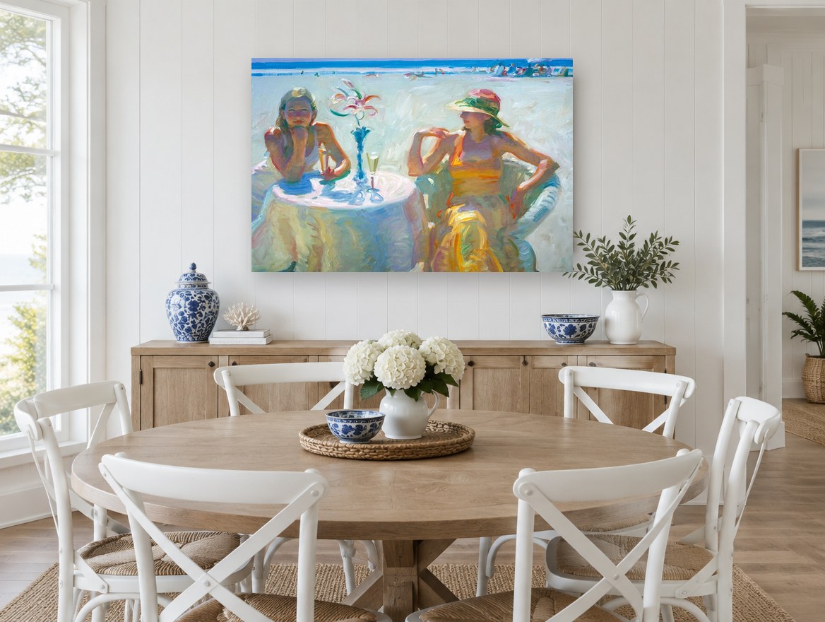 Champagne on the Sand coastal canvas print on the wall of a Hamptons dining room