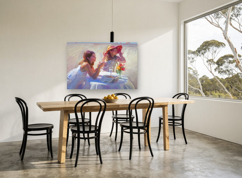 Afternoon Table by the Shore coastal canvas print on the wall of a dining room