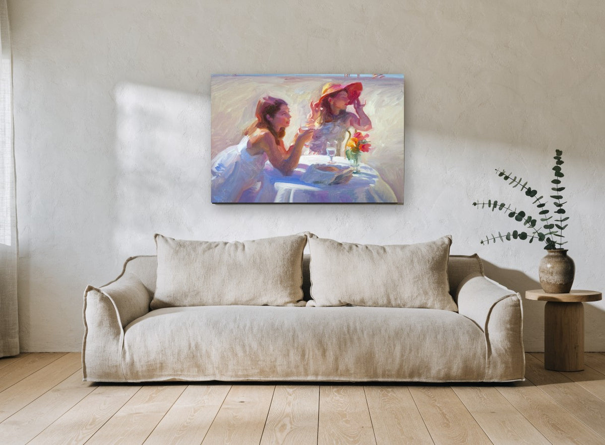Afternoon Table by the Shore coastal canvas print on the wall of a living room