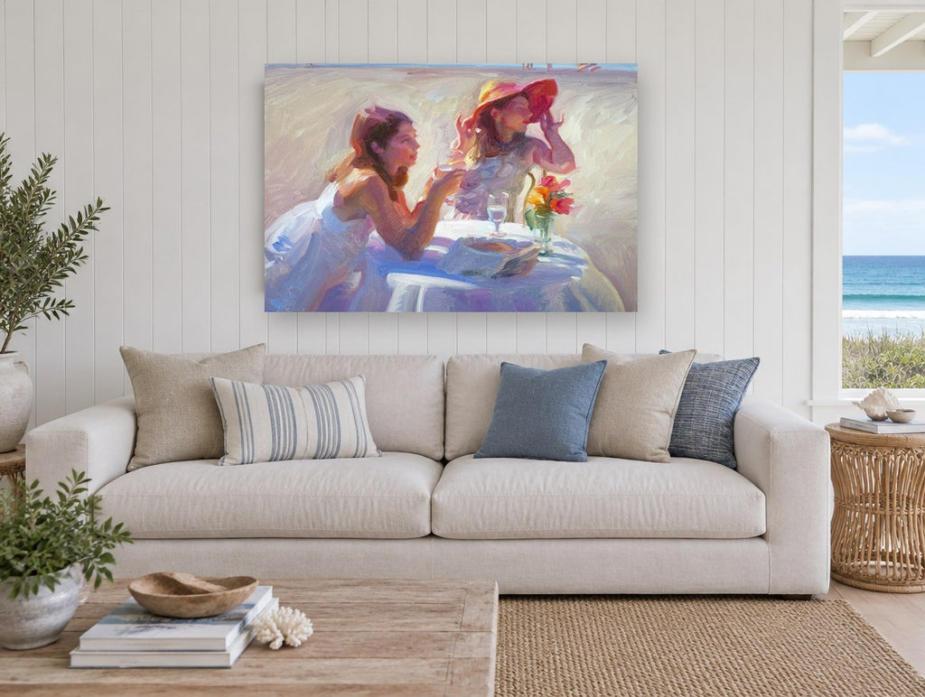 Afternoon Table by the Shore coastal canvas print on the wall of a beach house living room