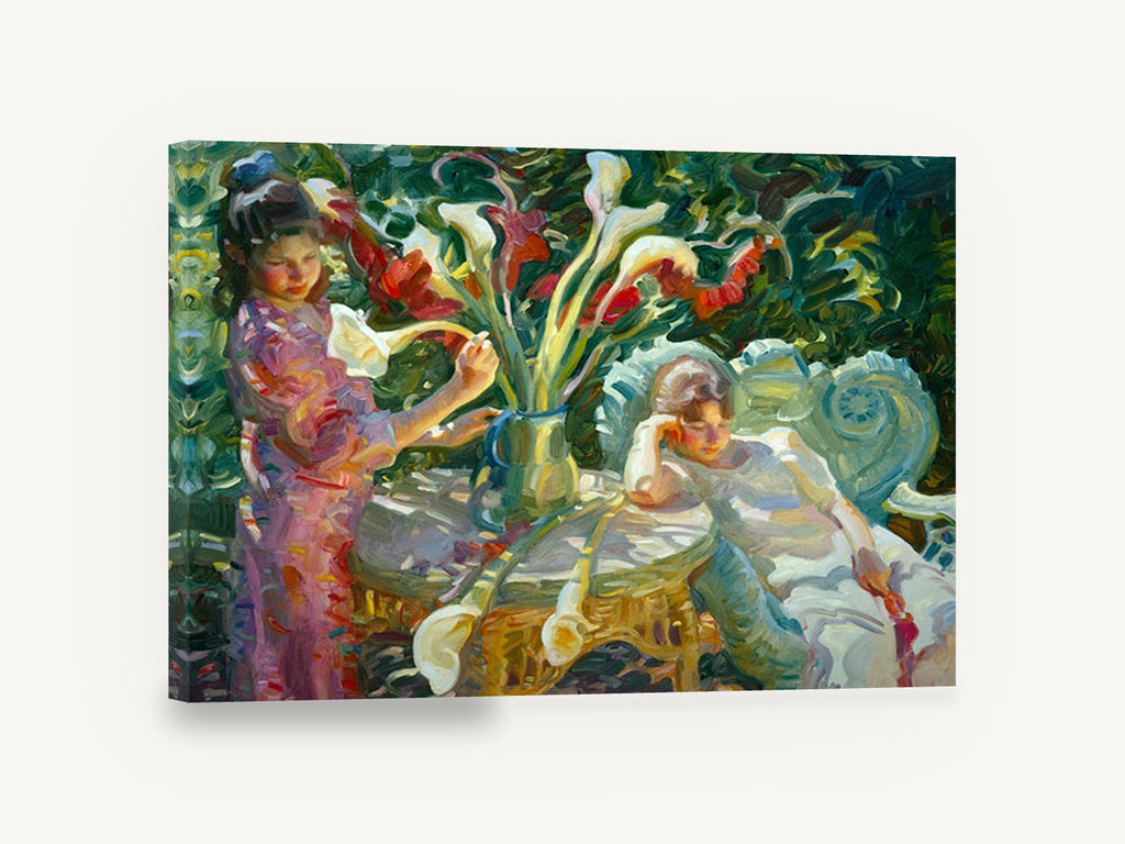 Lilies in the Garden, calla lilies garden figures impressionist painting, floral canvas wall art print ready to hang