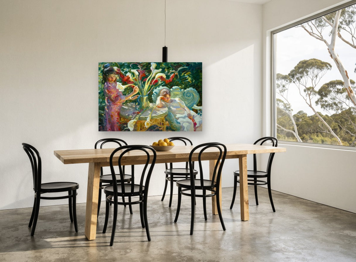 Lilies in the Garden floral canvas print on the wall of a dining room