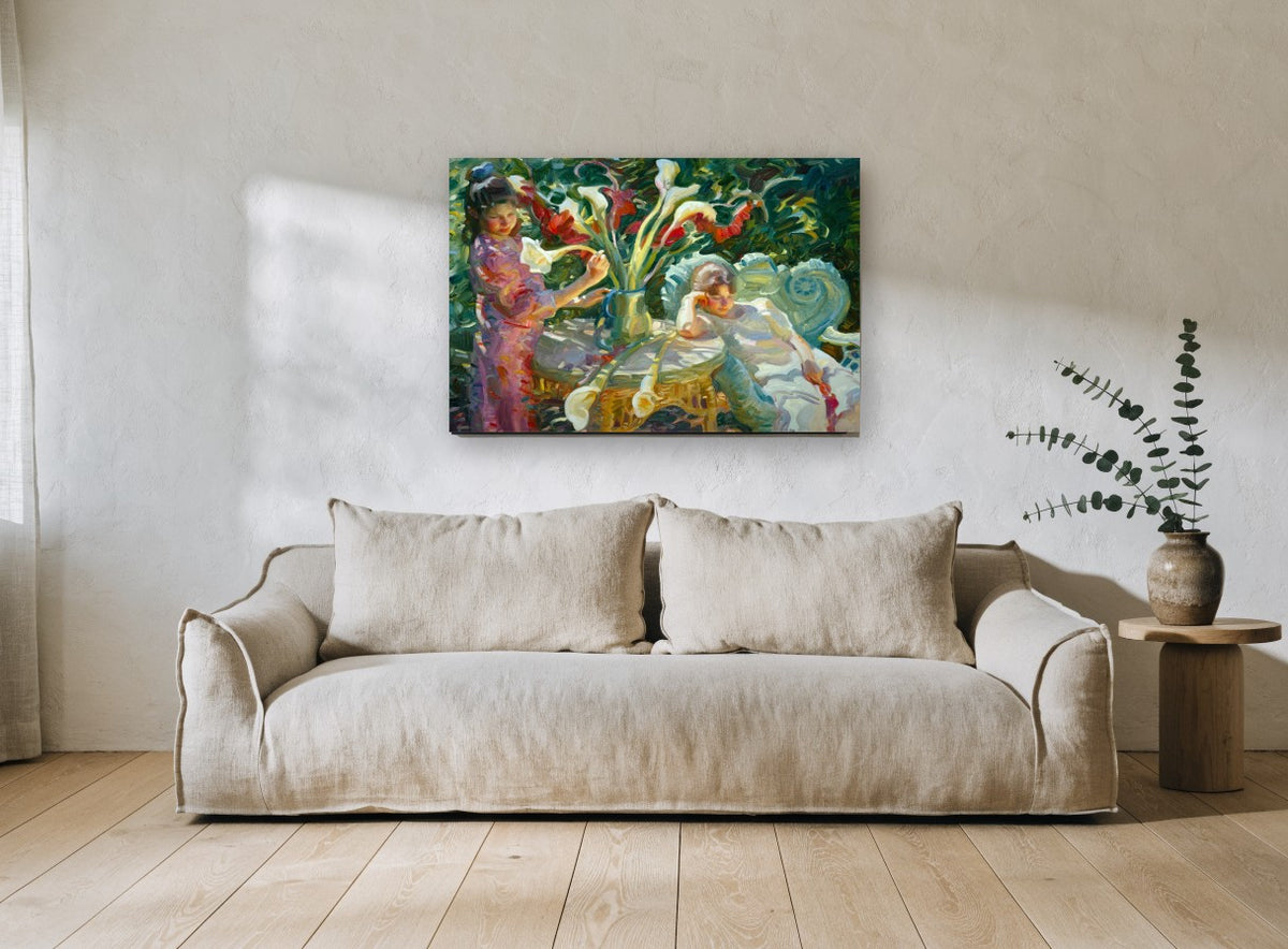 Lilies in the Garden floral canvas print on the wall of a living room