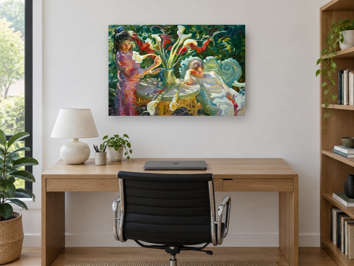 Lilies in the Garden floral canvas print on the wall of a study