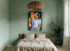 Girl With Apple floral canvas print on the wall of a bedroom