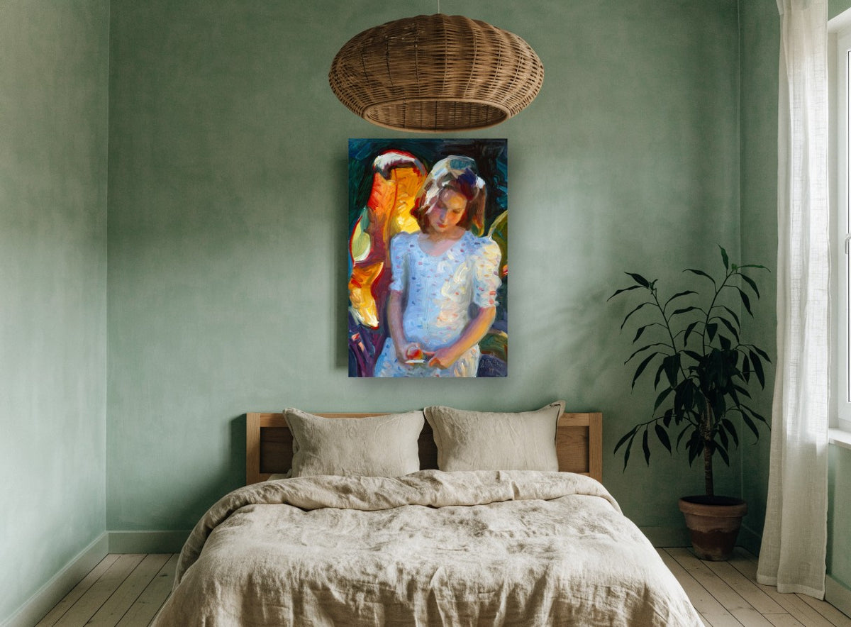 Girl With Apple floral canvas print on the wall of a bedroom