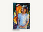 Girl With Apple, girl in blue dress impressionist portrait, floral canvas wall art print ready to hang