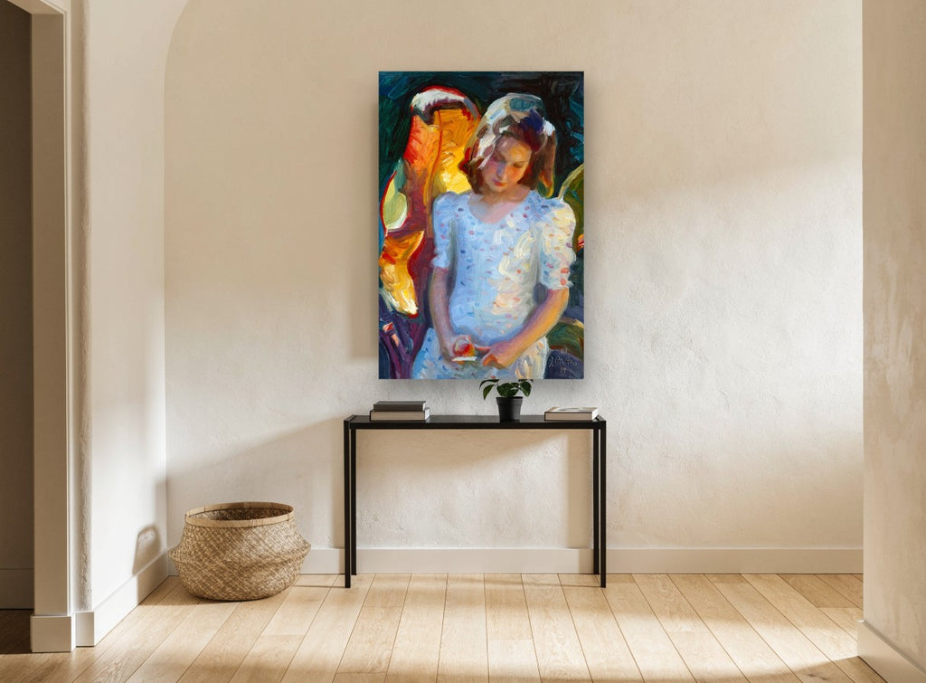 Girl With Apple floral canvas print on the wall of a hallway