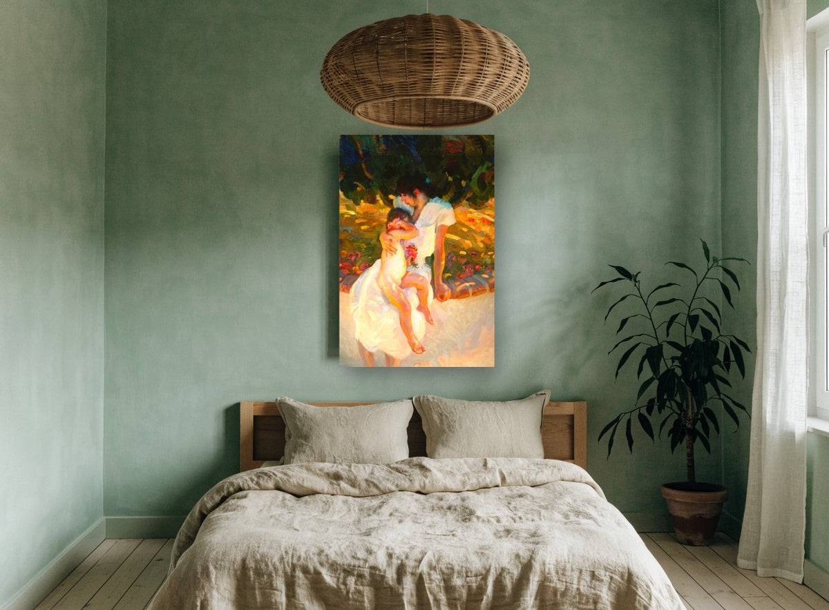 Sunlit Garden Embrace floral canvas print on the wall of a bedroom