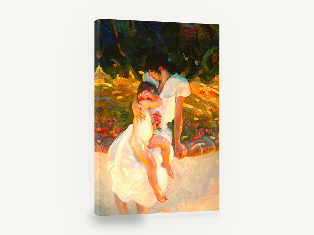Sunlit Garden Embrace, mother and child garden impressionist painting, floral canvas wall art print ready to hang