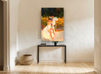 Sunlit Garden Embrace floral canvas print on the wall of a hallway