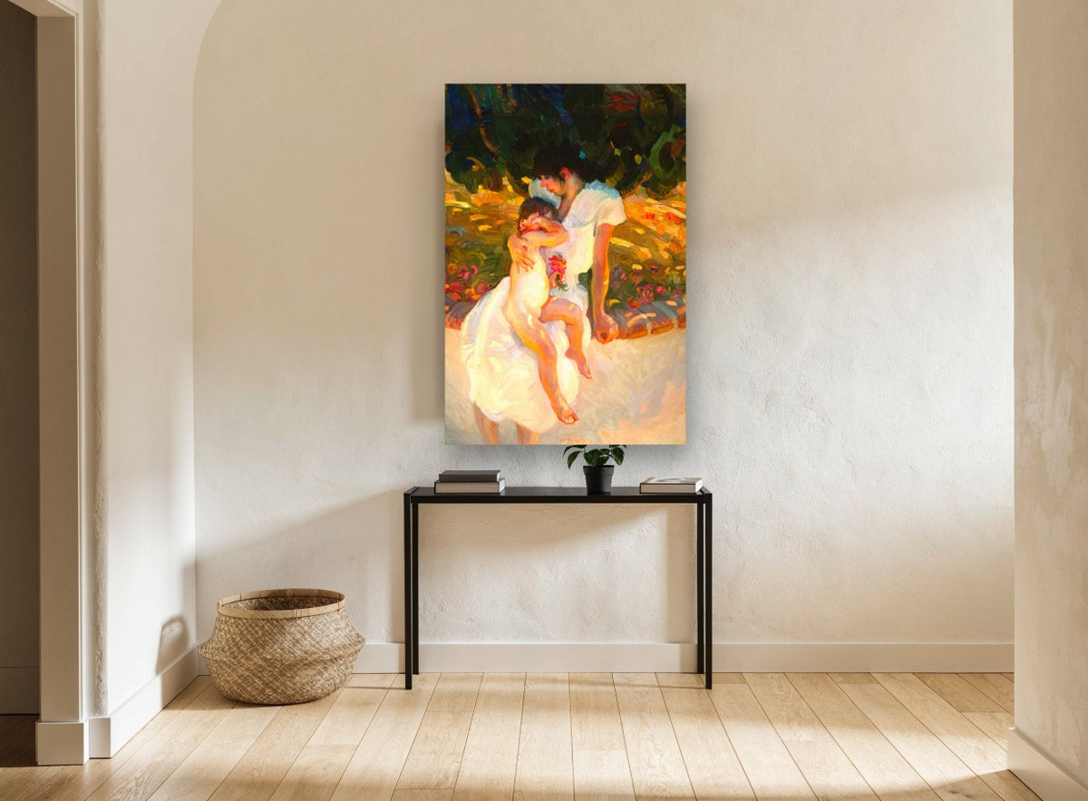 Sunlit Garden Embrace floral canvas print on the wall of a hallway