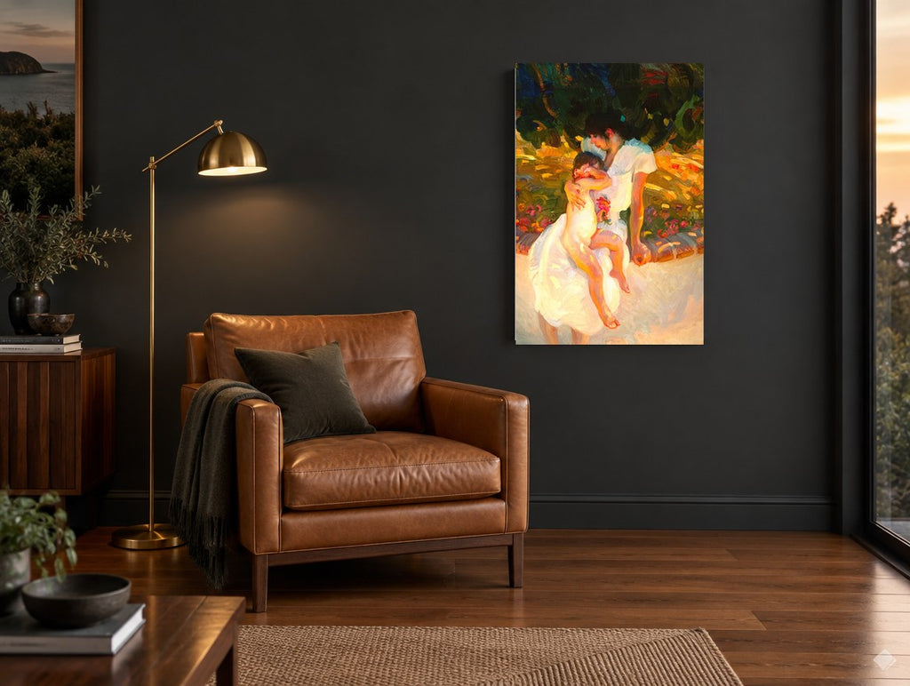 Sunlit Garden Embrace floral canvas print on the wall of a charcoal living room