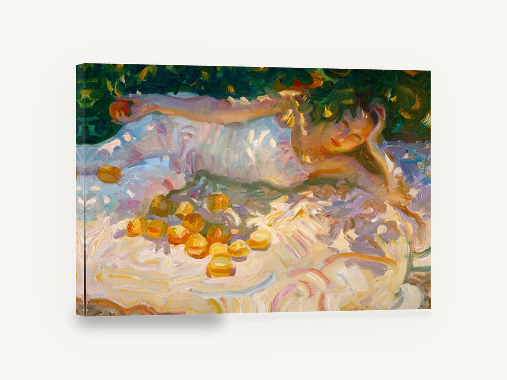 Orange Grove Rest, reclining figure under orange tree impressionist, floral canvas wall art print ready to hang