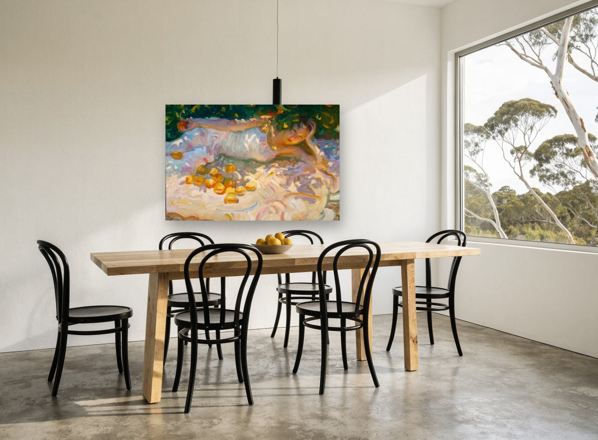 Orange Grove Rest floral canvas print on the wall of a dining room