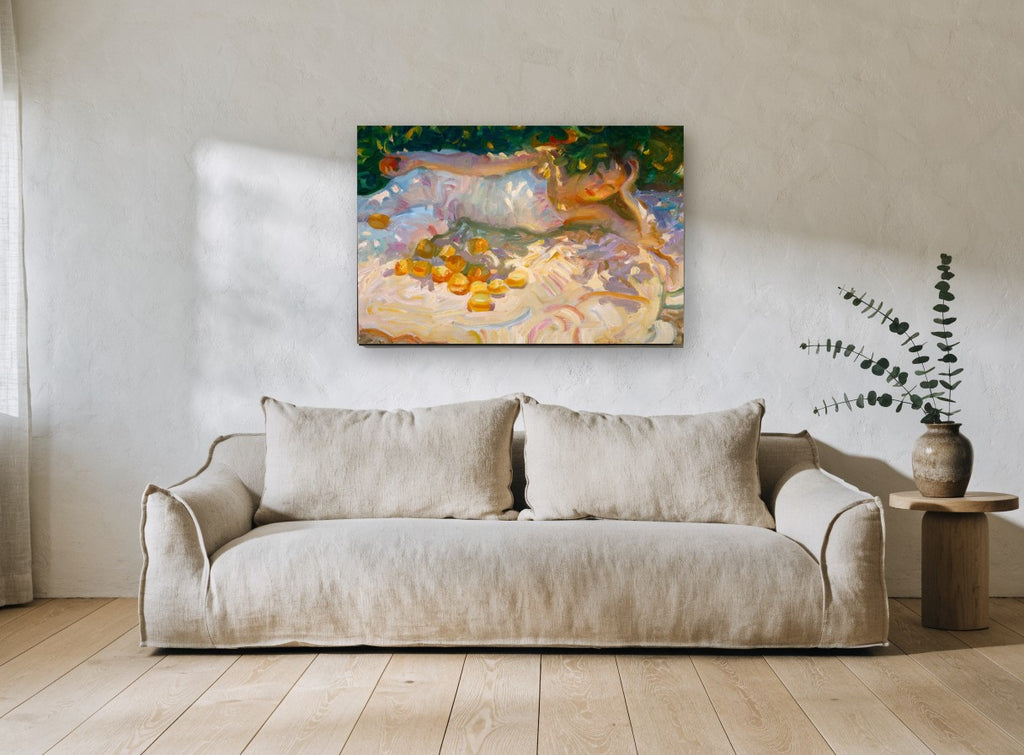 Orange Grove Rest floral canvas print on the wall of a living room