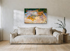 Orange Grove Rest floral canvas print on the wall of a living room