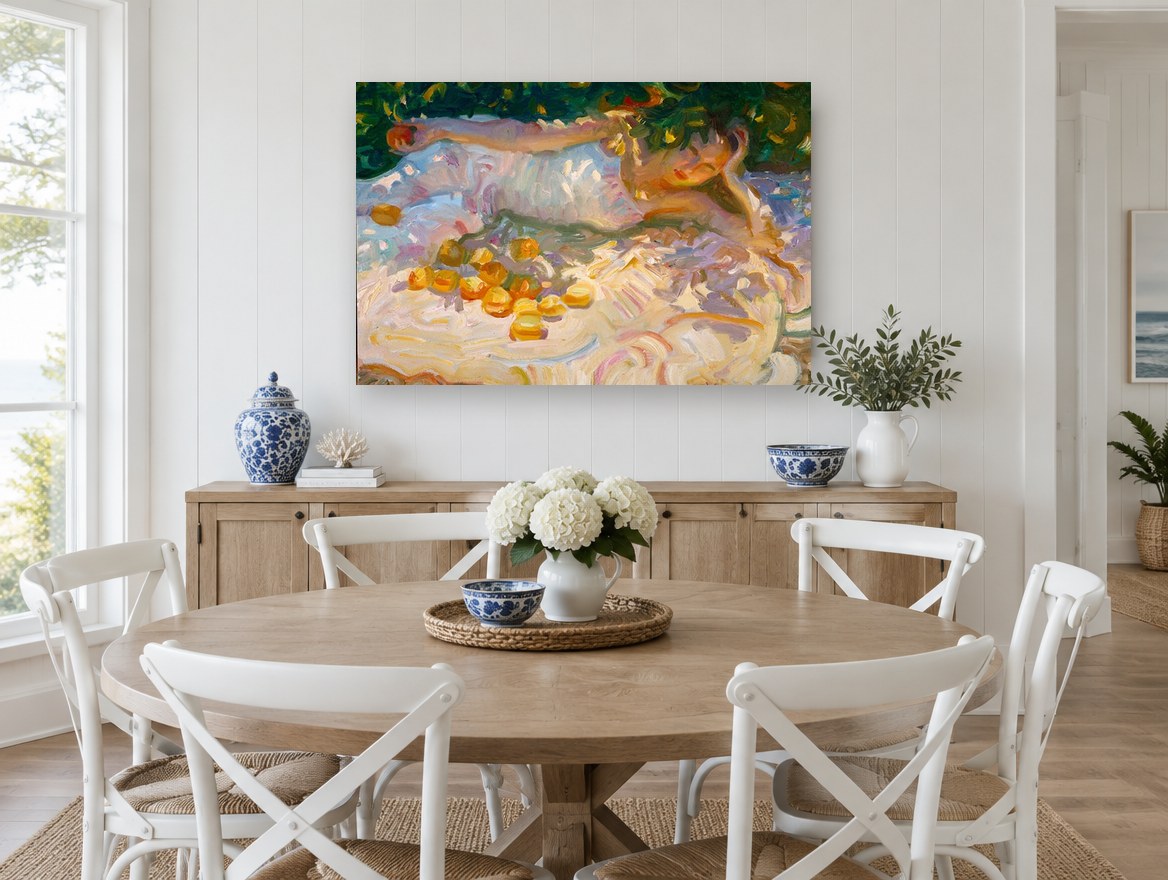 Orange Grove Rest floral canvas print on the wall of a Hamptons dining room