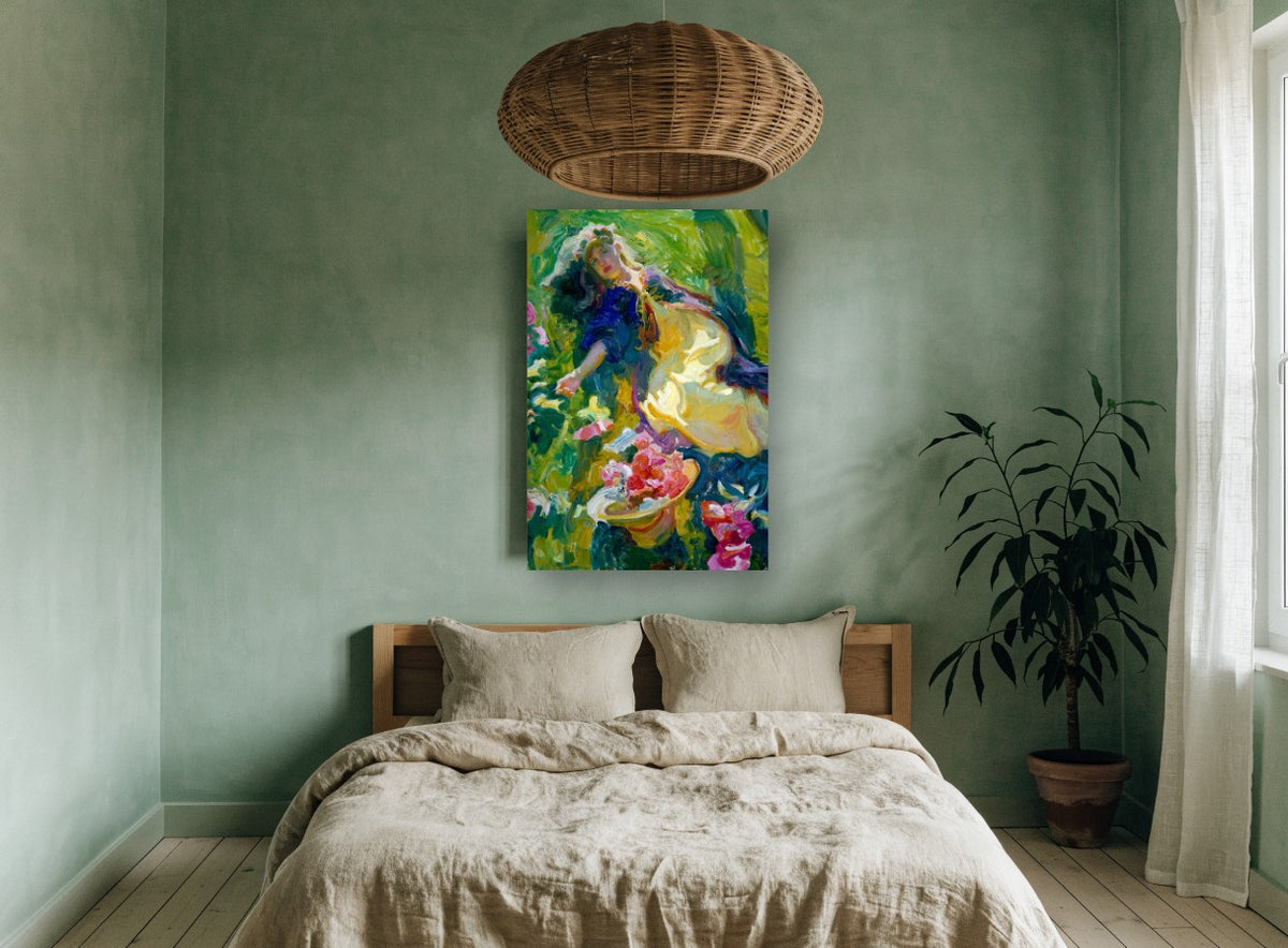 Reclining in the Roses floral canvas print on the wall of a bedroom