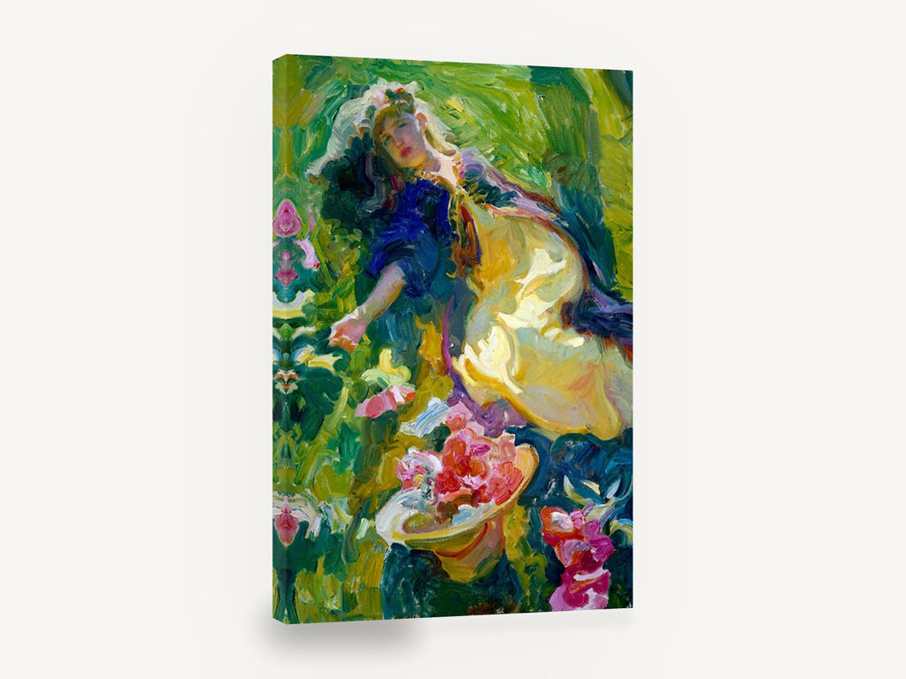 Reclining in the Roses, woman resting in rose garden painting, floral canvas wall art print ready to hang