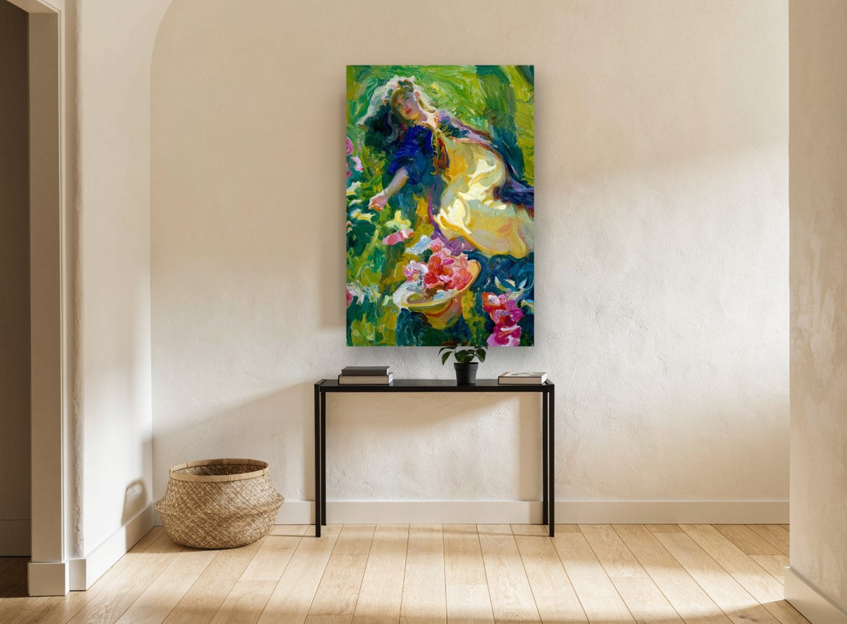 Reclining in the Roses floral canvas print on the wall of a hallway